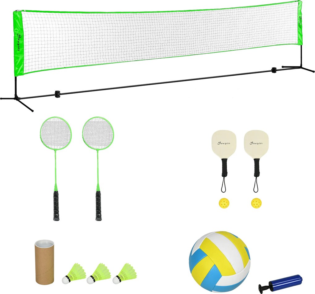 SPORTNOW Zestaw do badmintona z 2 rakietami, 3 lotkami, regulowana wysokość 107-155 cm, Czarno-Zielony