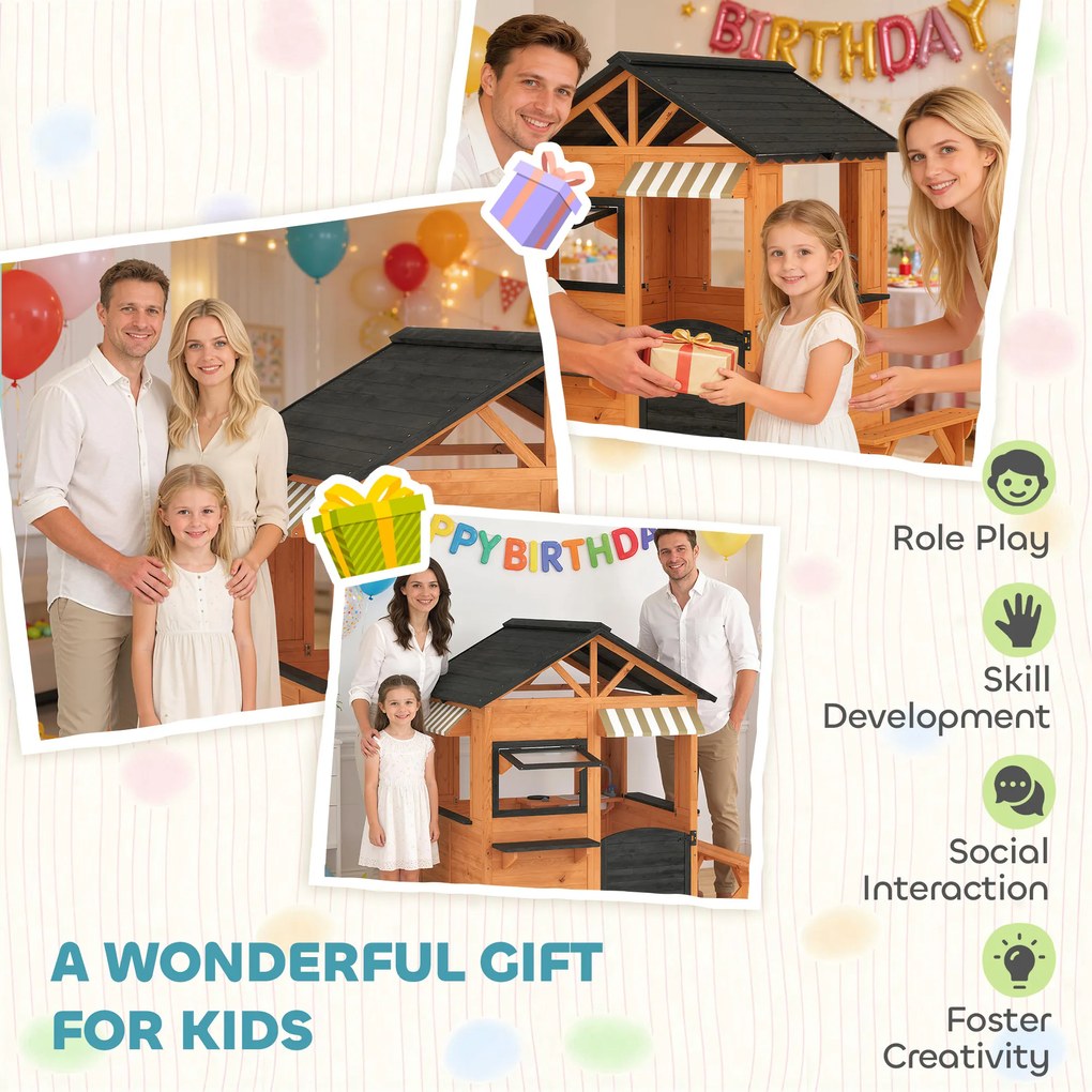 AIYAPLAY Drewniany domek dla dzieci z kuchnią, ławką, okienkami i drzwiami dla dzieci w wieku 3-8 lat, 171,5 x 146 x 156 cm, brązowy | Aosom PL