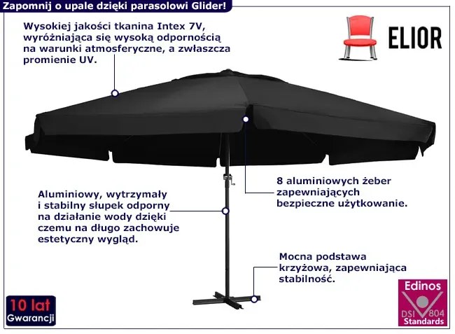 Czarny parasol ogrodowy z aluminiowym stelażem - Diola