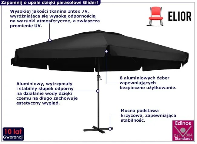 Czarny parasol ogrodowy z aluminiowym stelażem - Glider