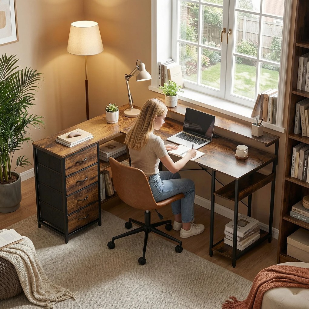 HOMCOM Biurko gamingowe L-kształtne z gniazdkiem, oświetleniem LED, 4 szufladami, podstawką pod monitor 155x110x91,4 cm Brąz | Aosom PL