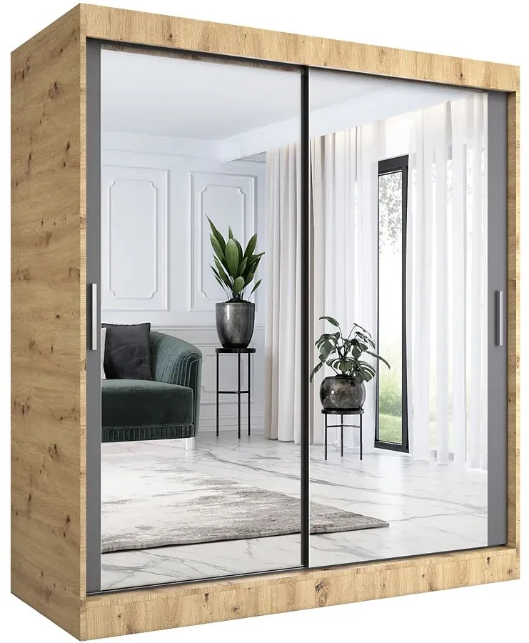 Szafa przesuwna z lustrem 180 cm dąb artisan + antracyt - Kukkin 5X