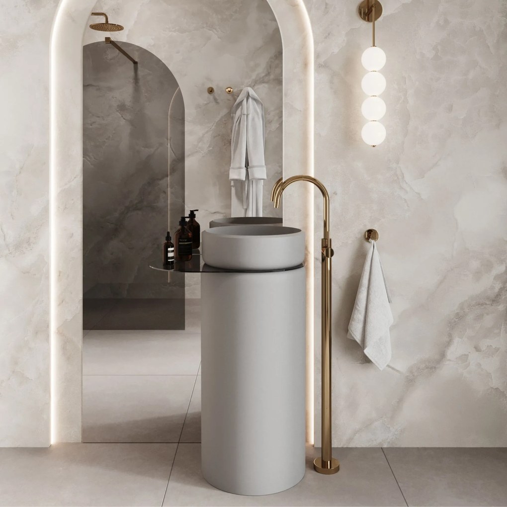 Umywalka z konglomeratu wolnostojąca okrągła z półką szklaną 85 x 40 cm RONA bez przelewu | Różne kolory półki : Kolor szkła - Czarny, Kolor umywalki RONA - Biały połysk, Podłączenie syfonu - Do ściany, Półka - Szklana