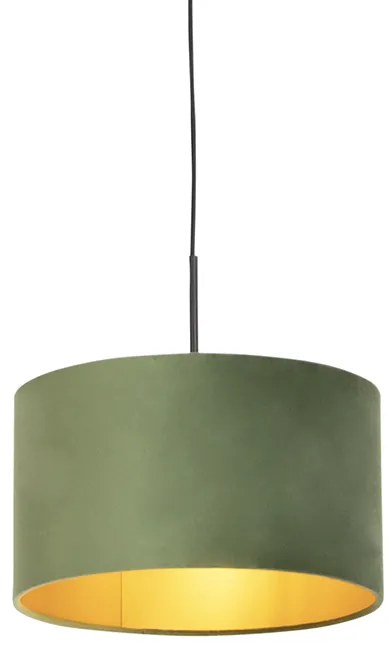 Lampa wisząca z abażurem z weluru zielonym ze złotem 35 cm - CombiWiejski/ Rustykalny / Vintage Oswietlenie wewnetrzne