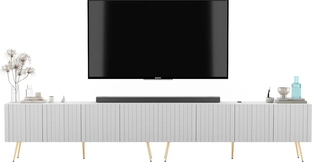 Szafka RTV z 8 drzwiami - korpus Biały mat, fronty ryflowane Biały mat - 300 cm, złote nóżki