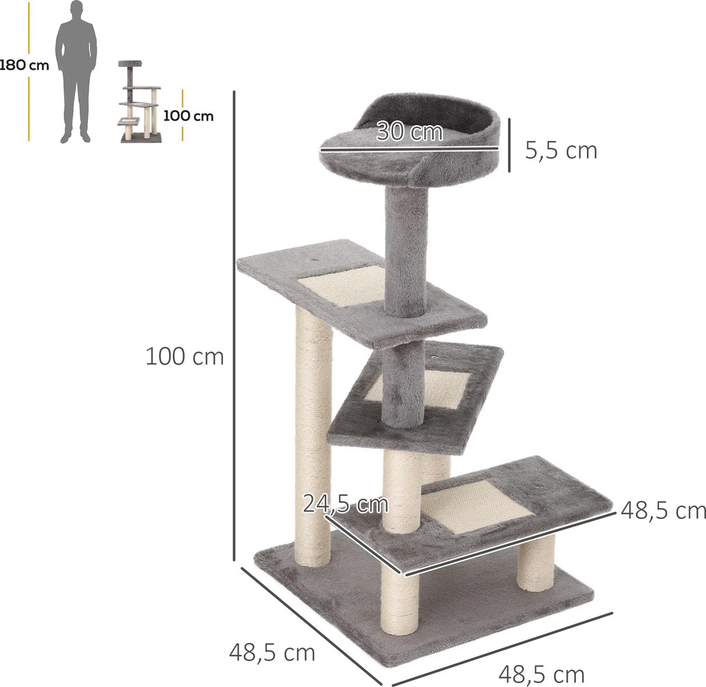 PawHut Drapak dla Kota 5 Poziomów Zabawka Wielofunkcyjna Stabilna Konstrukcja Szary | Aosom PL