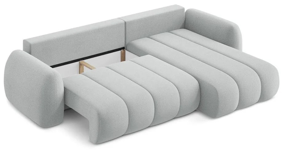 Jasnoszary rozkładany narożnik z materiału bouclé ze schowkiem (prawostronny/z szezlongiem) Pele – Makamii