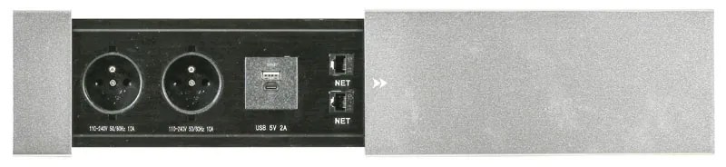 Puszka gniazdowa TYP IV - pokrywa przesuwana, 2x gniazdo, porty ładowania USB A+C, 2x port RJ45, srebrna