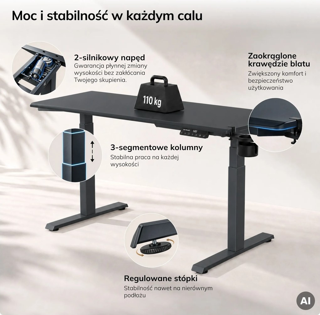 Biurko elektryczne z regulacją wysokości ergonomiczne antracytowe,1400x700 mm: ARIA