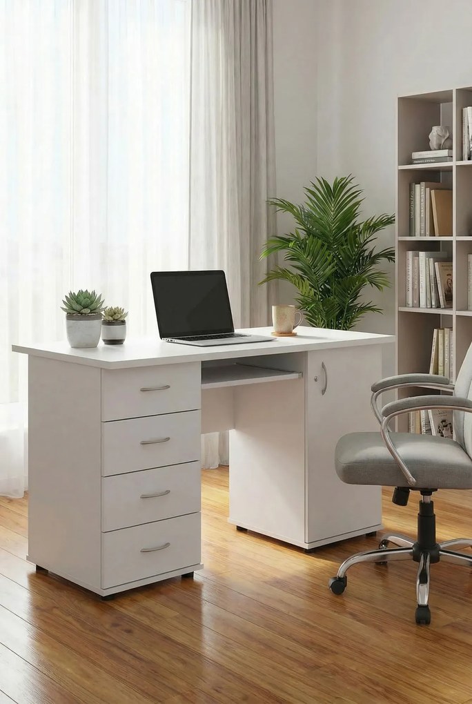 Białe biurko komputerowe z zamkiem i szufladami P0-G01