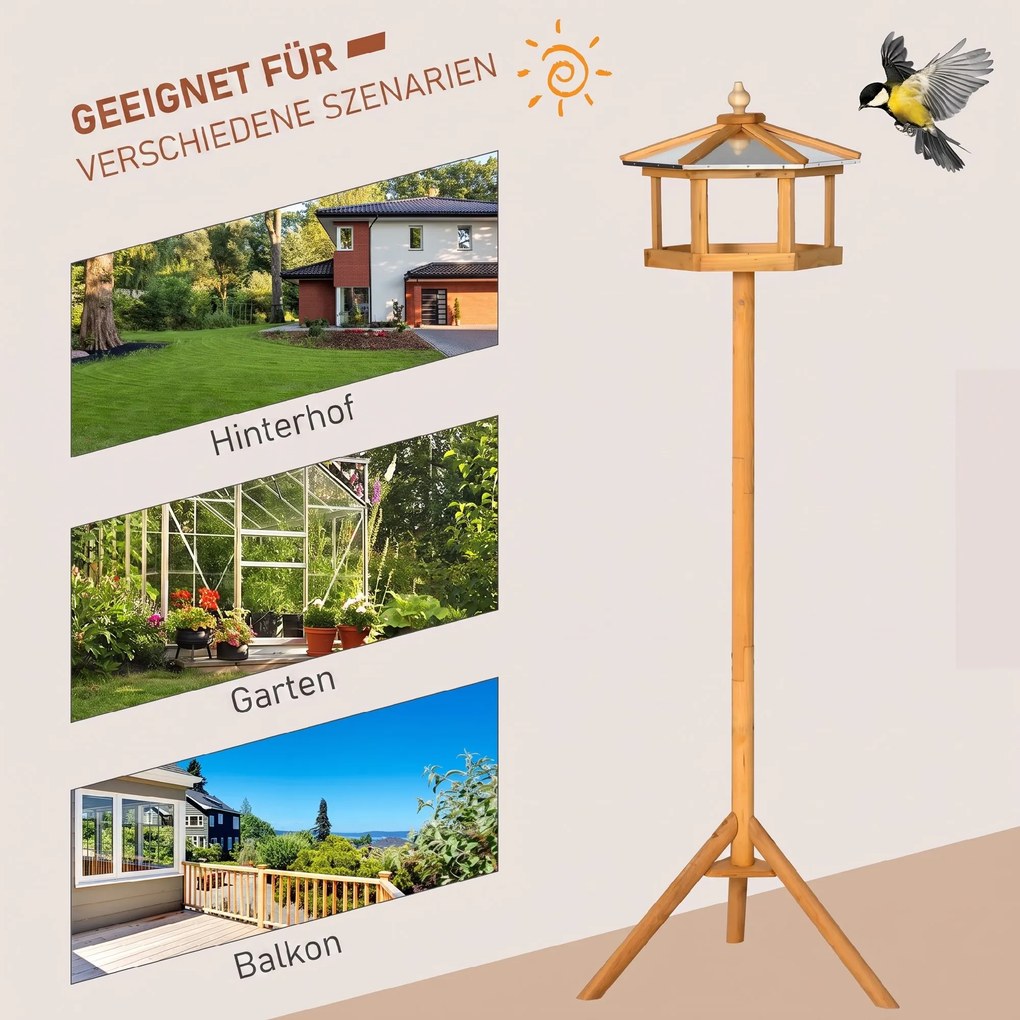 PawHut Domek dla ptaków ze stojakiem Drewniany karmnik z platformą skośny metalowy dach Ø57,7 x 153H cm Naturalne drewno | Aosom PL