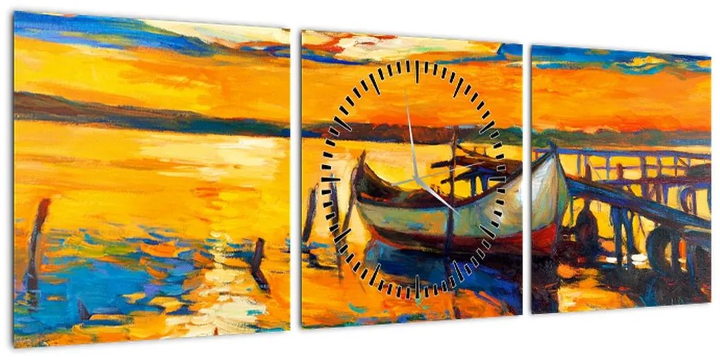 Obraz - Łódź o zachodzie słońca (z zegarem) (90x30 cm)