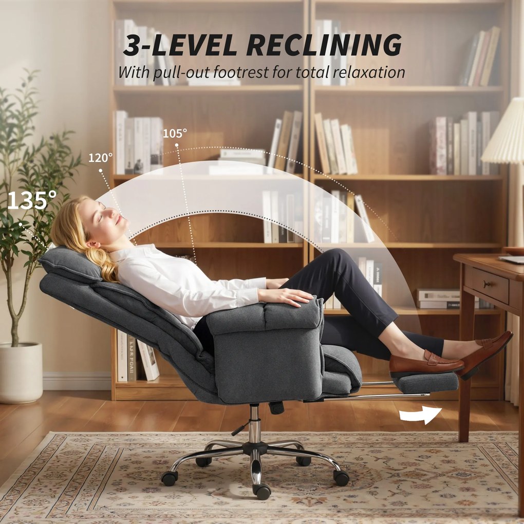 HOMCOM Fotel biurowy regulowany obrotowy z podparciem lędźwiowym, podnóżkiem, flanelą śnieżną, 80 x 80 x 106-114 cm, ciemnoszary | Aosom PL