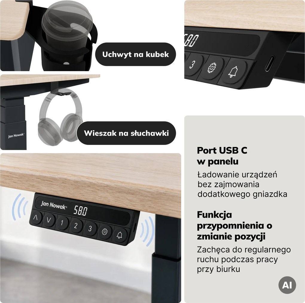 Biurko elektryczne z regulacją wysokości ergonomiczne antracytowe/dąb sonoma,1200x600 mm: ARIA