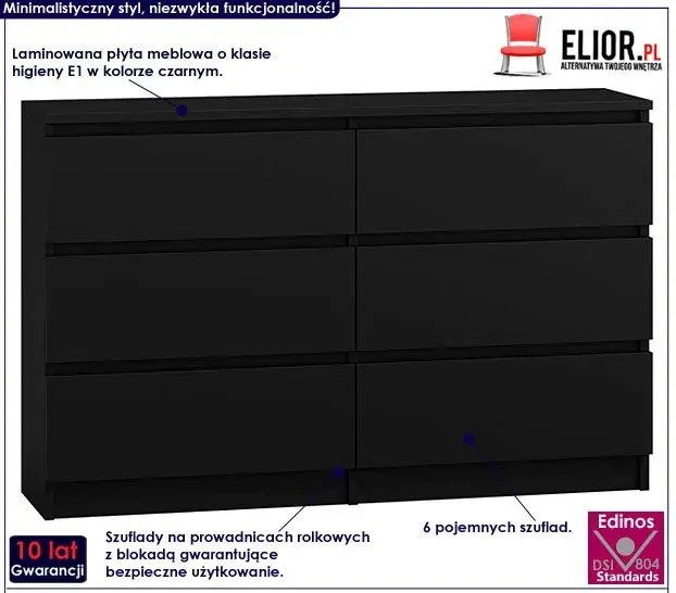 Duża czarna komoda z szufladami 140 cm K2-L07