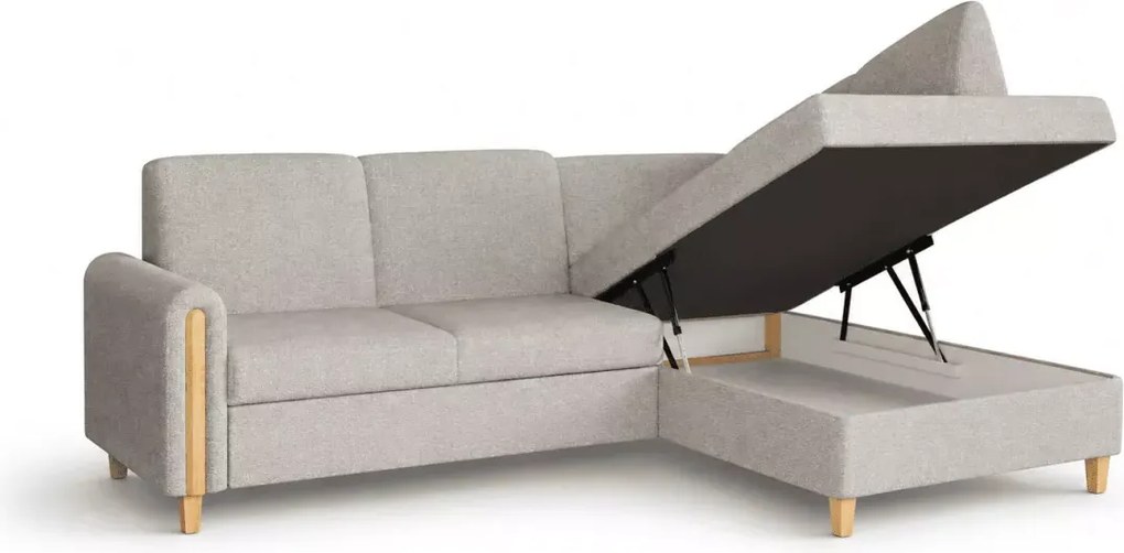 Narożnik Seatle – designerski mebel wypoczynkowy z funkcją spania delfin, pojemnikiem i drewnianymi detalami