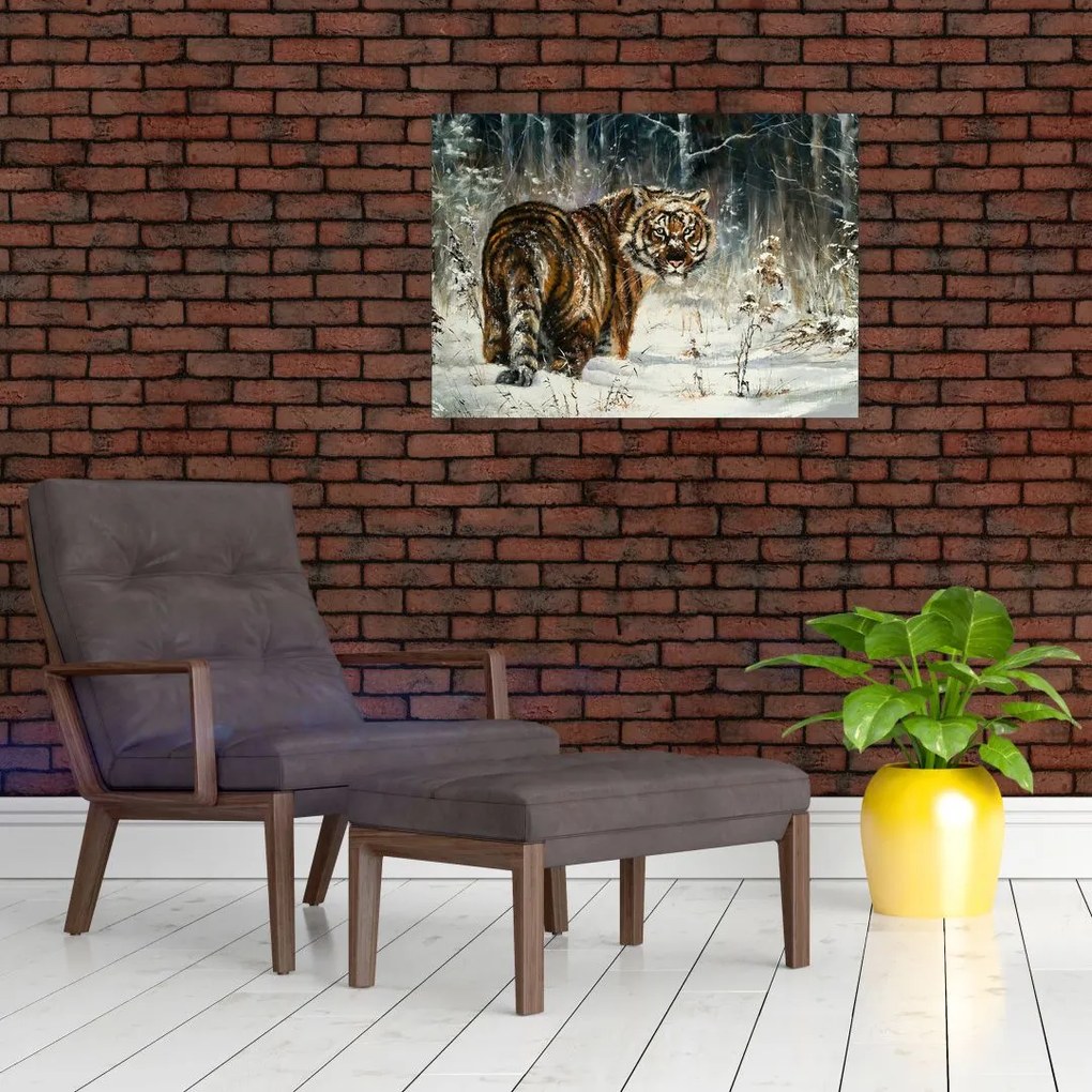 Obraz - Tygrys w zaśnieżonym lesie, obraz olejny (70x50 cm)