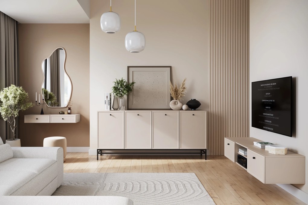 Komoda Lorini 200 cm czterodrzwiowa - kaszmir / czarne uchwyty / stelaż