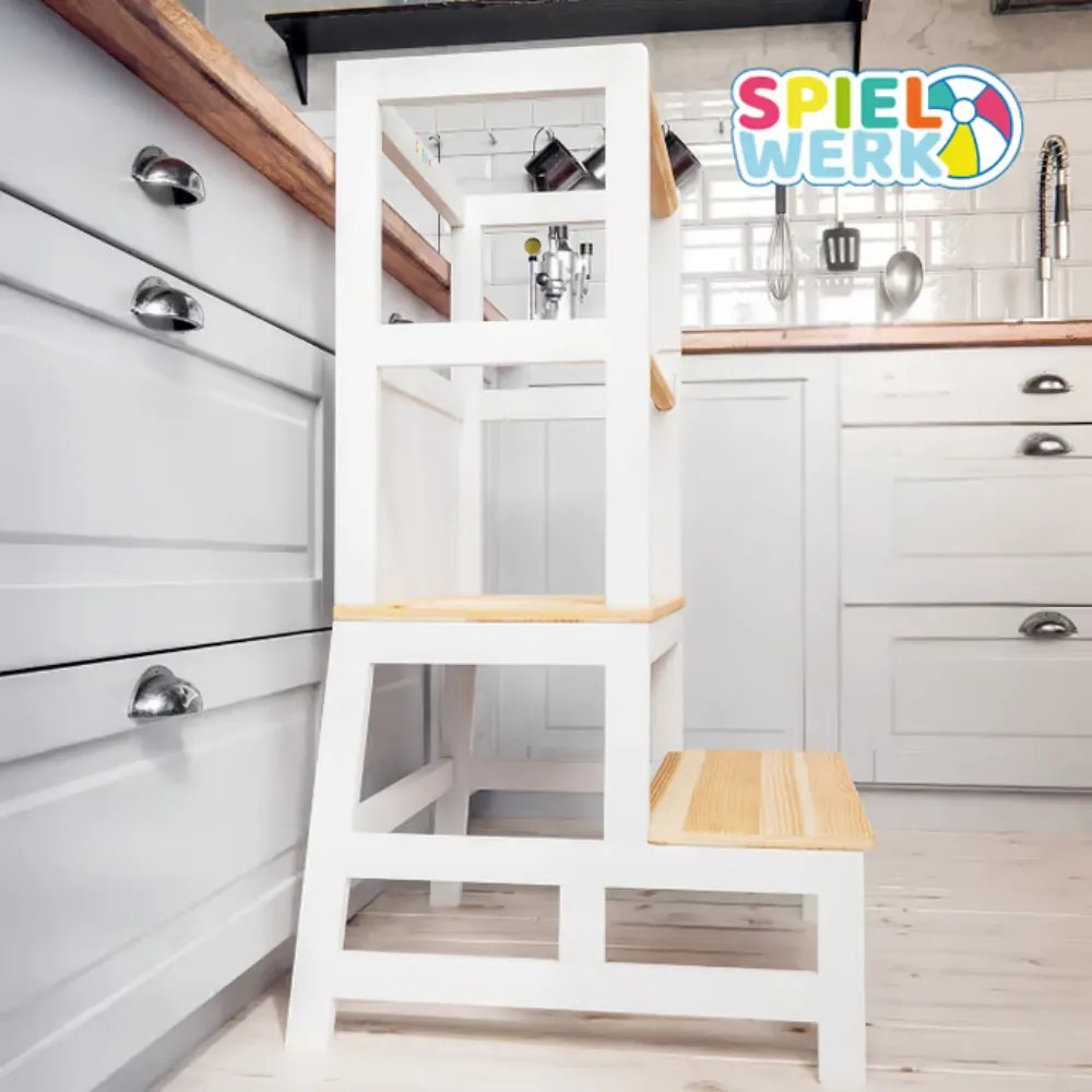 Wieża edukacyjna PLAY z drewna sosnowego, 93x51x50cm, biała/naturalny brąz Spielwerk
