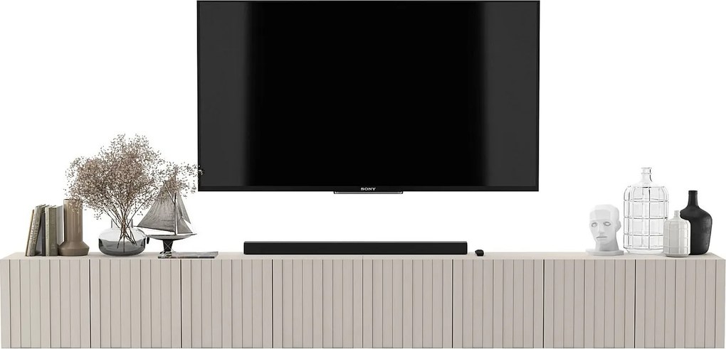Szafka RTV z 8 drzwiami - korpus Kaszmir mat, fronty ryflowane Kaszmir mat - 300 cm