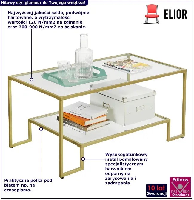 Złota szklana ława kawowa glamour z półką - Polagros