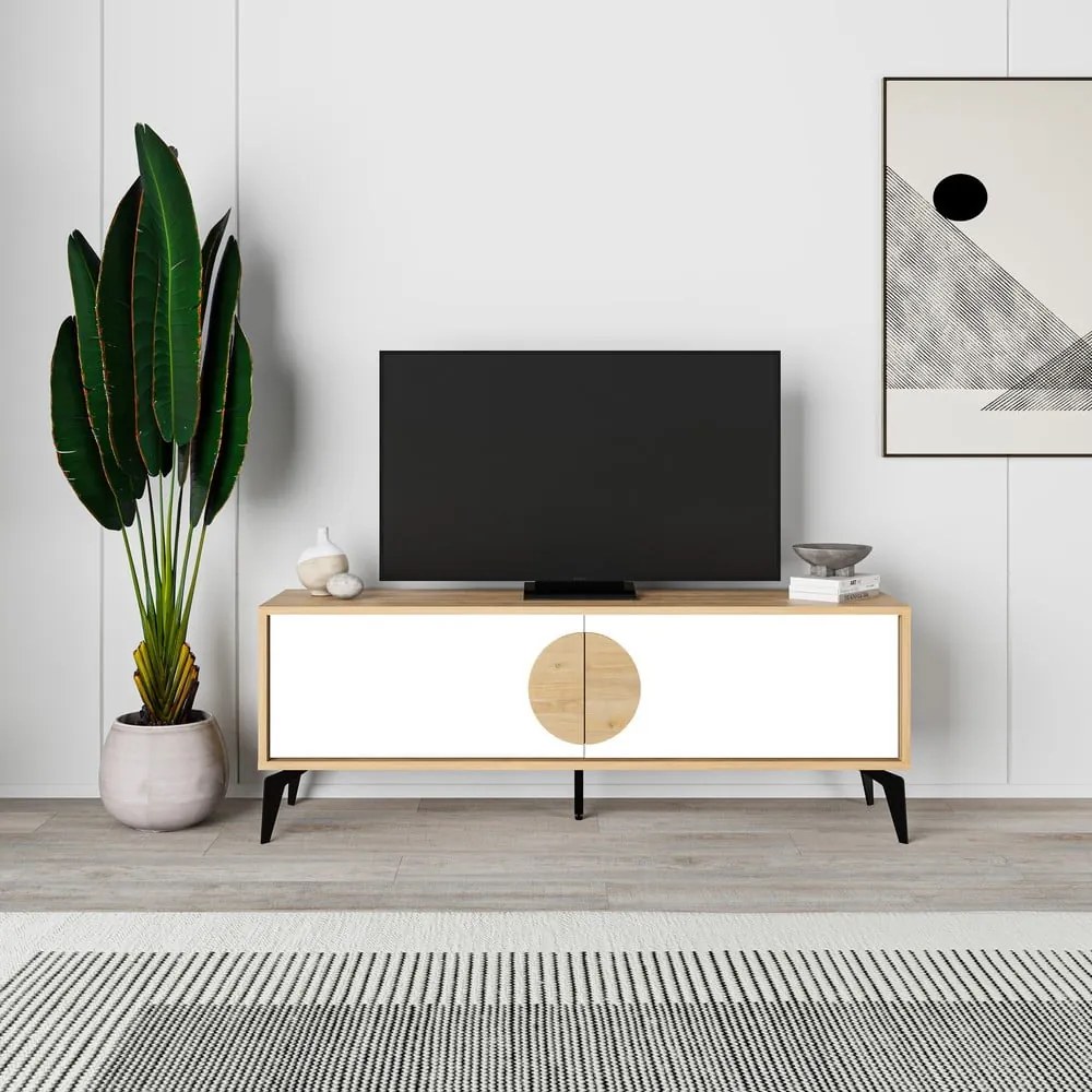 Biała szafka pod TV w dekorze dębu 140x51 cm Vae – Marckeric