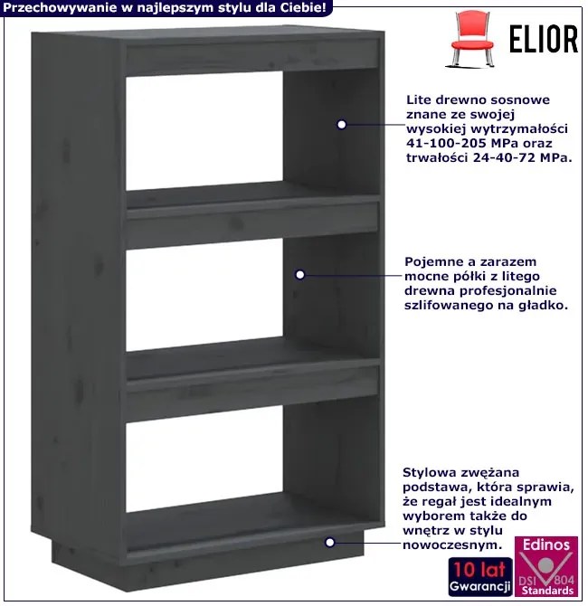 Szary drewniany niski regał na książki L2-F14