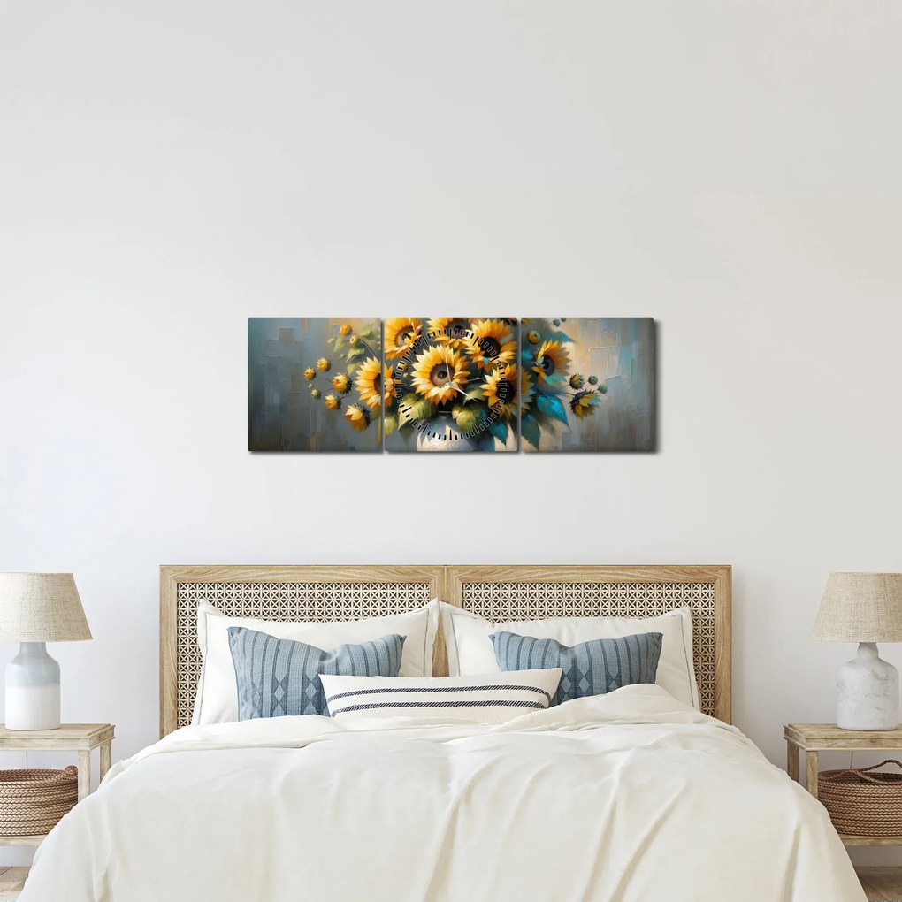 Obraz – Wazon ze słonecznikami (z zegarem) (90x30 cm)