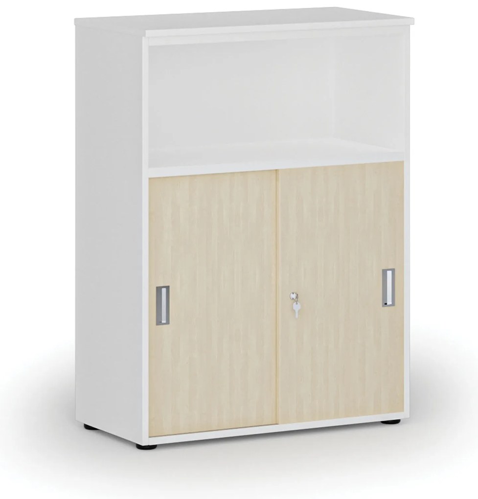 Szafa biurowa kombinowana z drzwiami przesuwnymi PRIMO WHITE, 800 x 420 x 1087 mm, biały/brzoza