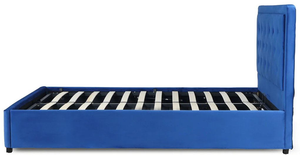 Łóżko Tapicerowane 140x200 cm ze Stelażem i Pojemnikiem Dwuosobowe CROS Welurowe Granatowe