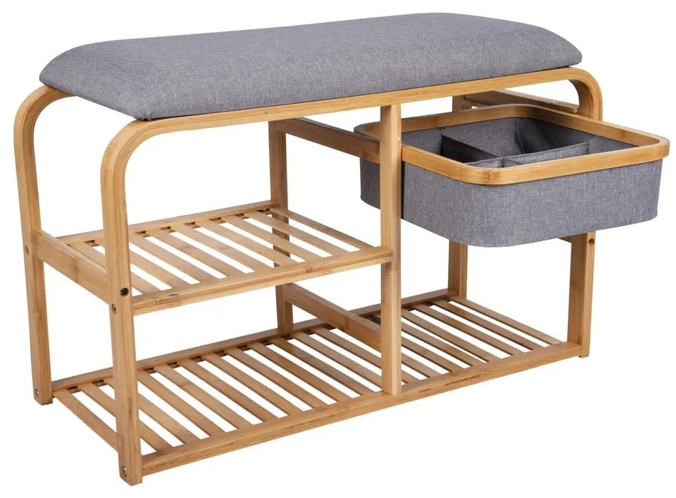 Bambusowy regał na buty z szarym siedziskiem Leitmotiv Bench, szer. 70 cm