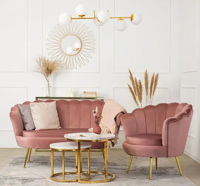 Różowa sofa muszelka na złotych nogach K0-D29