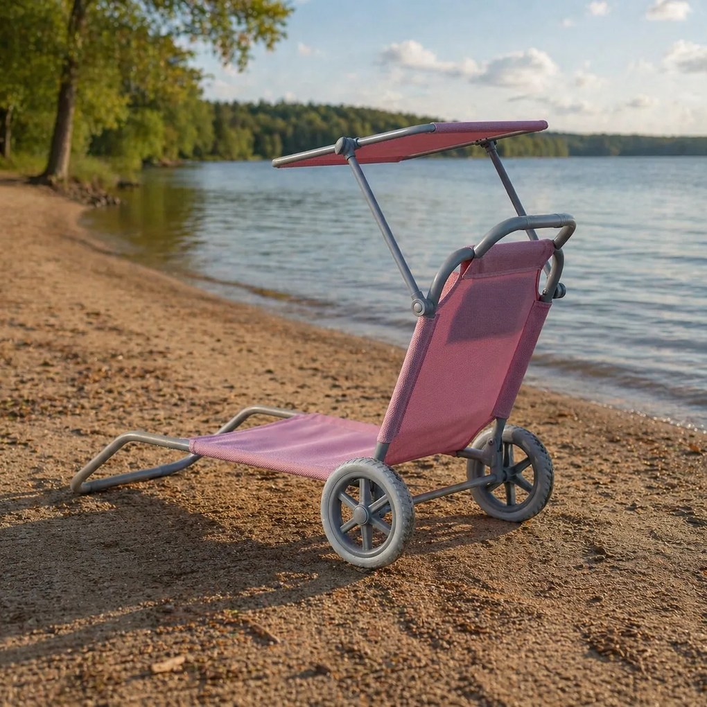 Leżak plażowy Solmare z daszkiem i kołami - składany leżak ogrodowy, różowy