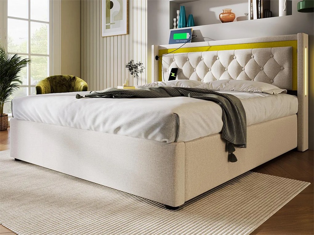 Łóżko tapicerowane ze schowkiem - 140 x 200 cm - z gniazdem USB typu C i diodami LED - stelaż listwowy - kolor beżowy