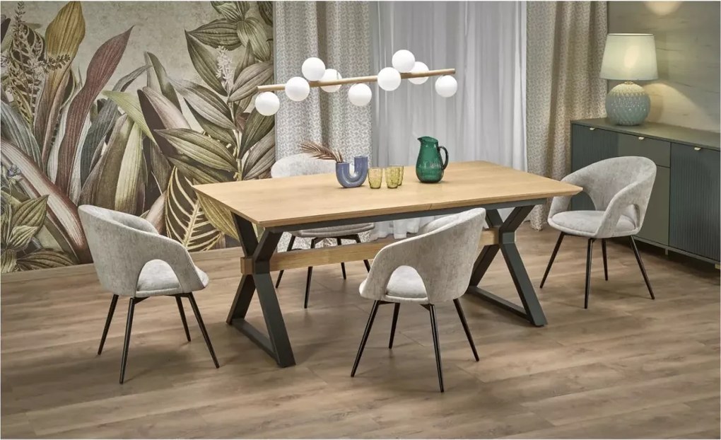 Stół prostokątny Nova rozkładany 180-300/100/75 cm, blat okleina naturalna, metalowe czarne nogi