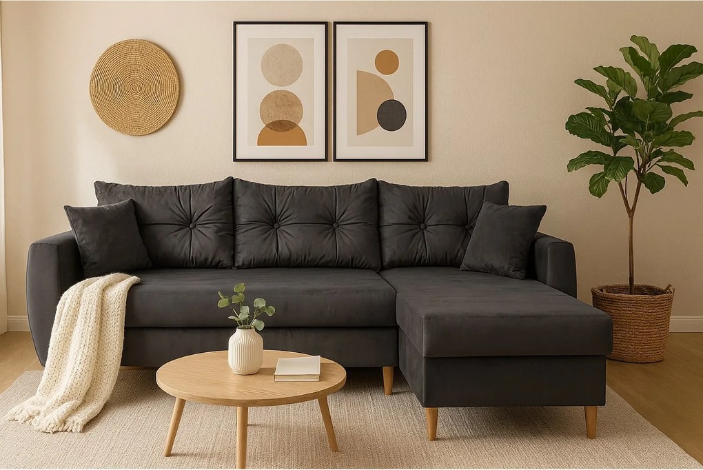 Narożnik z funkcją spania prawostronny  ROMEO L, tkanina Riviera 95 szara, 234x156x74 cm