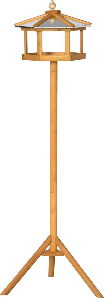 PawHut Domek dla ptaków ze stojakiem Drewniany karmnik z platformą skośny metalowy dach Ø57,7 x 153H cm Naturalne drewno | Aosom PL