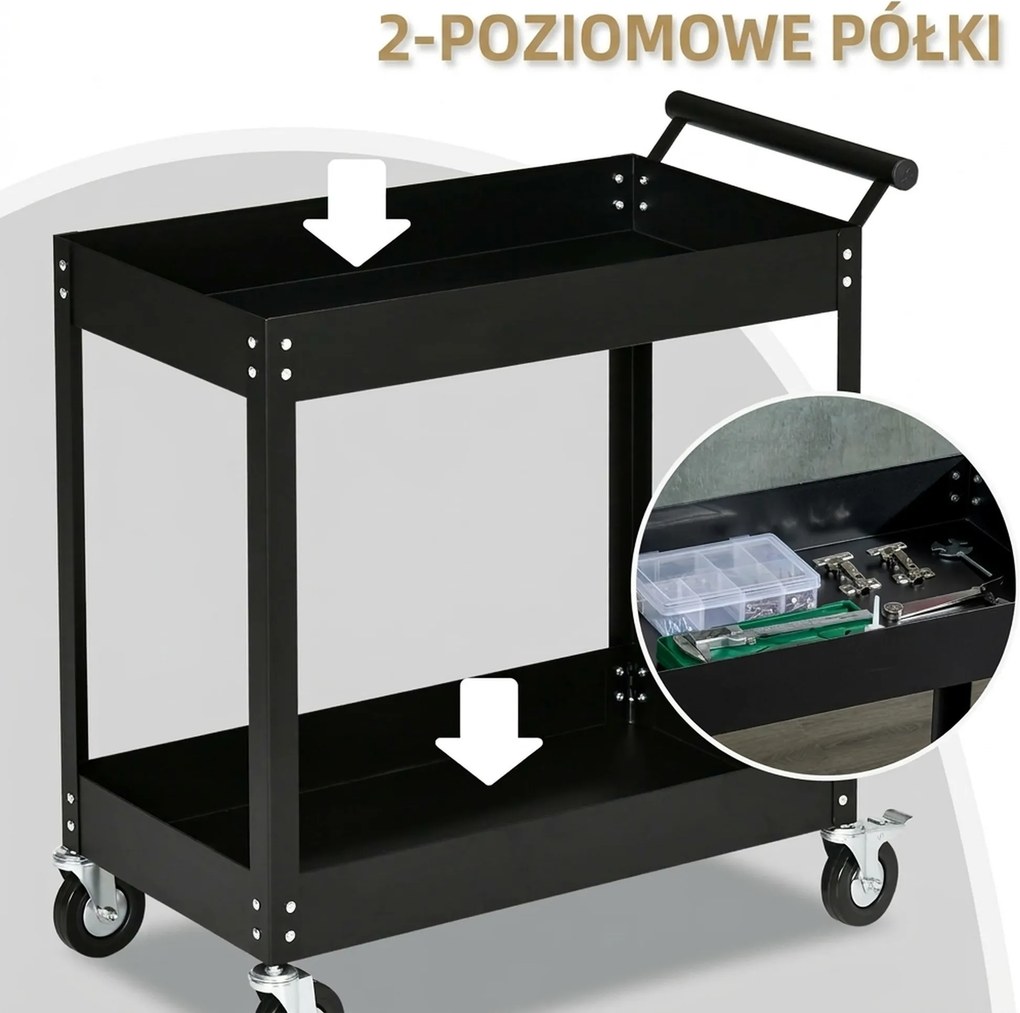 DURHAND Wózek Warsztatowy, 2 Półki, Na Kółkach, Stal, do 150 kg, 84,5 x 38 x 84 cm, Czarny