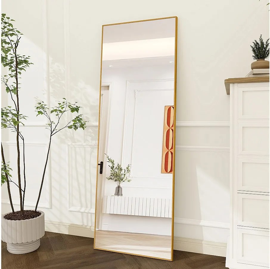 Prostokątne lustro stojące 164×54 cm w złotej ramie – Minimalistyczny i nowoczesny design