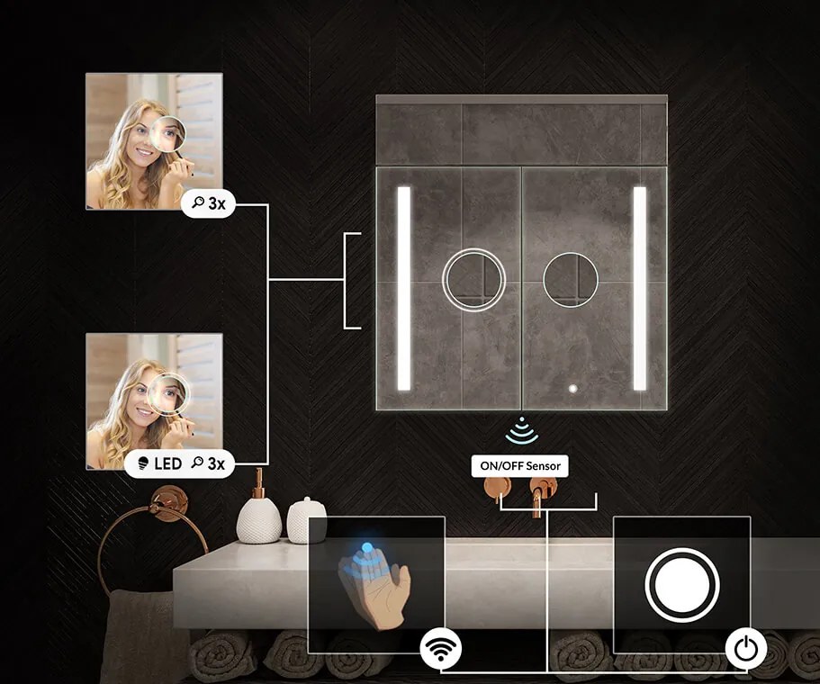 Szafka łazienkowa z lustrem podświetlanym LED - 66,5 x 72 cm z szklanymi półkami w kolorze Dąb Oslo, drewniana, marki Artforma