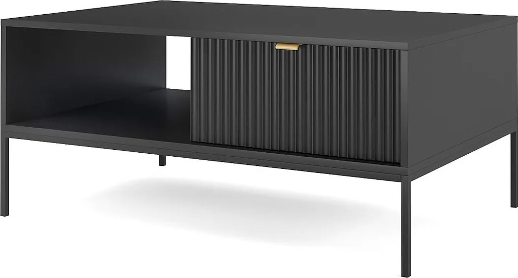 Stolik Kawowy Elegancki DomoHome NOVA – Z akcentem złotym, nowoczesna szuflada MDF, czarne metalowe nogi, minimalistyczny design Czarny 104x104x46cm