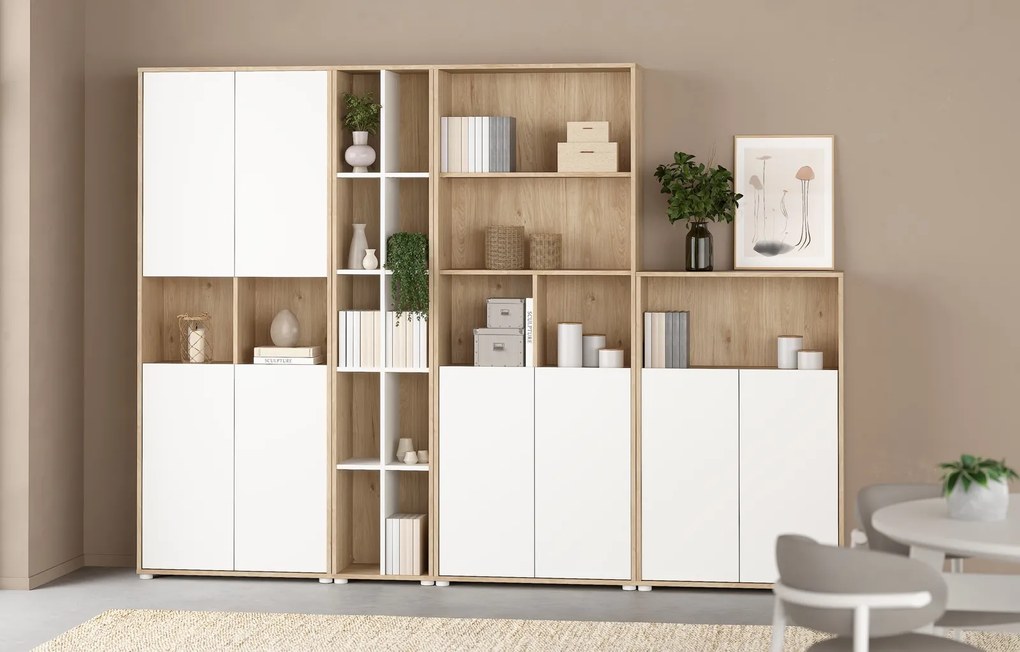 Wąski regał biurowy dwurzędowy 4 półki Sign 40 jackson hickory/biały mat