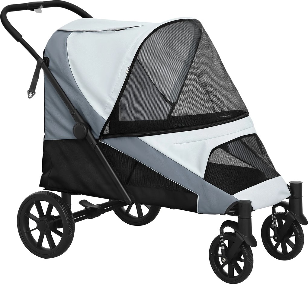 PawHut Wózek dla Psów, Składany Wózek dla Dużych Psów, Wózek dla Zwierząt z 4 Kołami, Smycze Bezpieczeństwa, Hamulce, Szary