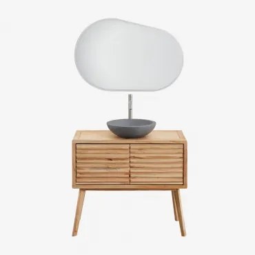 Zestaw Mebli Łazienkowych Z Drewna Deleyna Naturalna & Okrągły Szary Cement Ø40 Cm Tarsis & Owalna Lampa Led I Przeciwmgielna - Sklum