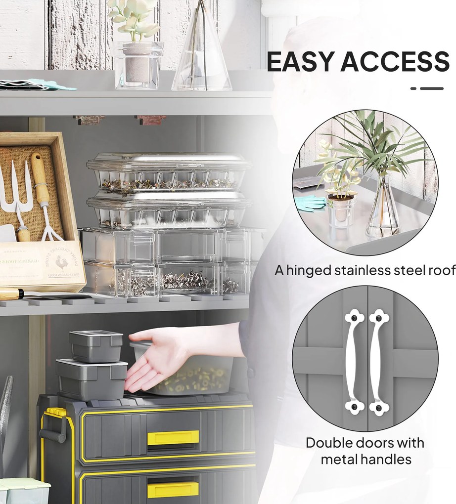 Outsunny Szafka Ogrodowa, Szafka na Narzędzia do Zewnętrznego Użytku, z Powierzchnią Roboczą, Drewno i Stal Nierdzewna, Podwójne Drzwi, Szary