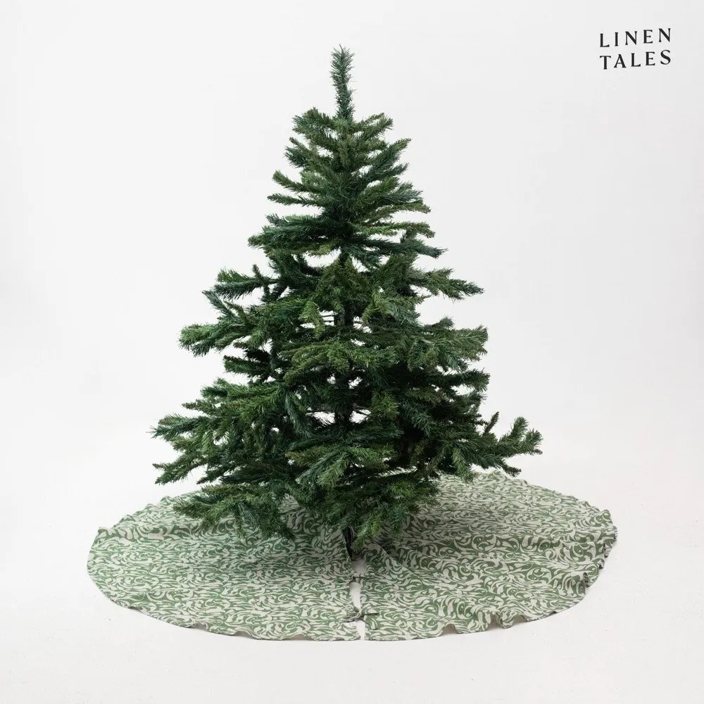 Zielony lniany okrągły dywan pod choinkę ø 125 cm Evergreen Damask – Linen Tales