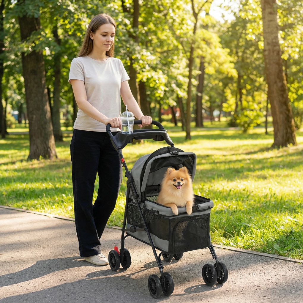PawHut Wózek składany dla psa z poduszką, okienkami z siatki, uchwytem na napój, obracalne kółka 360° dla małych psów do 10 kg szary | Aosom PL