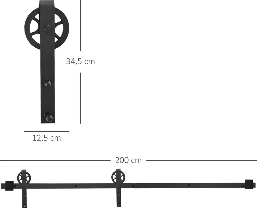 HOMCOM Zestaw okuć dla drzwi przesuwnych, rustykalny design, stal węglowa, 200x4x0,6 cm, do 90 kg, czarny