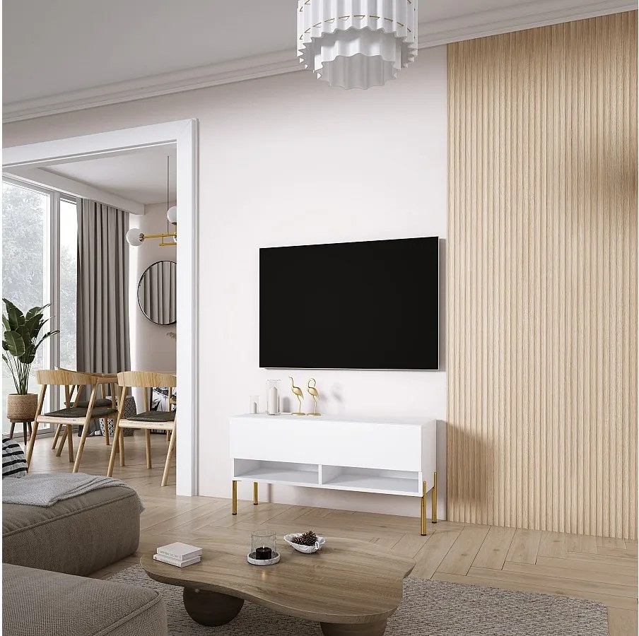 Szafka pod telewizor 100 cm Biały Mat, nóżki proste złote, 100 × 32 × 52 cm