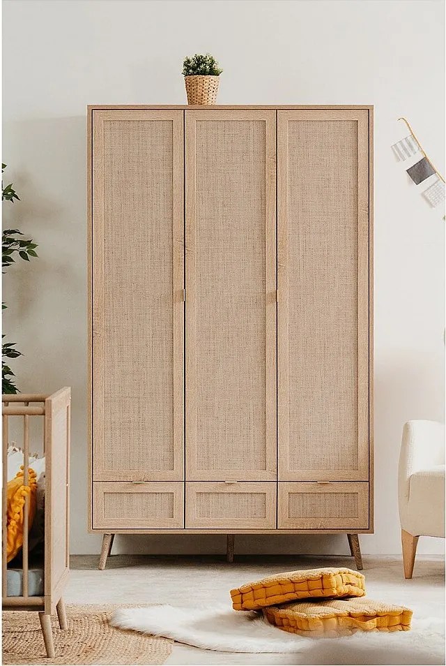 Szafa 3-drzwiowa, 3 szuflady i 2 wieszaki, szerokość 120 cm, z nadrukiem rattanowym, BALI